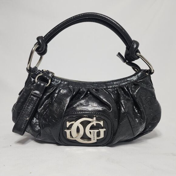 Guess Y2K Black Vegan Leather GGG Logo Embossed Mini Shoulder Hobo Bag Purse VTG - Picture 1 of 16